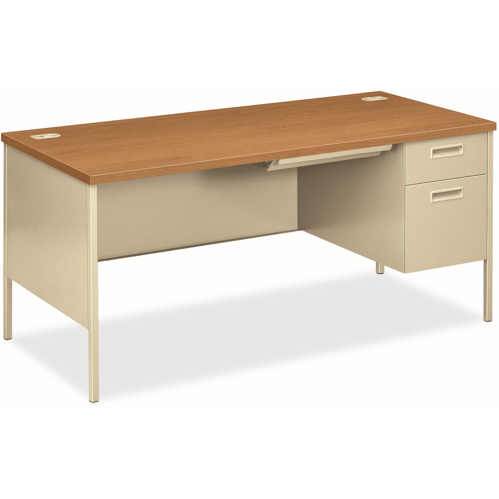 HON Metro Classic HP3265R Pedestal Desk, 29.5"H x 66"W x 30"D, 2 Drawers Right Side, Square Edge, Harvest/Putty Finish, 1 Each
