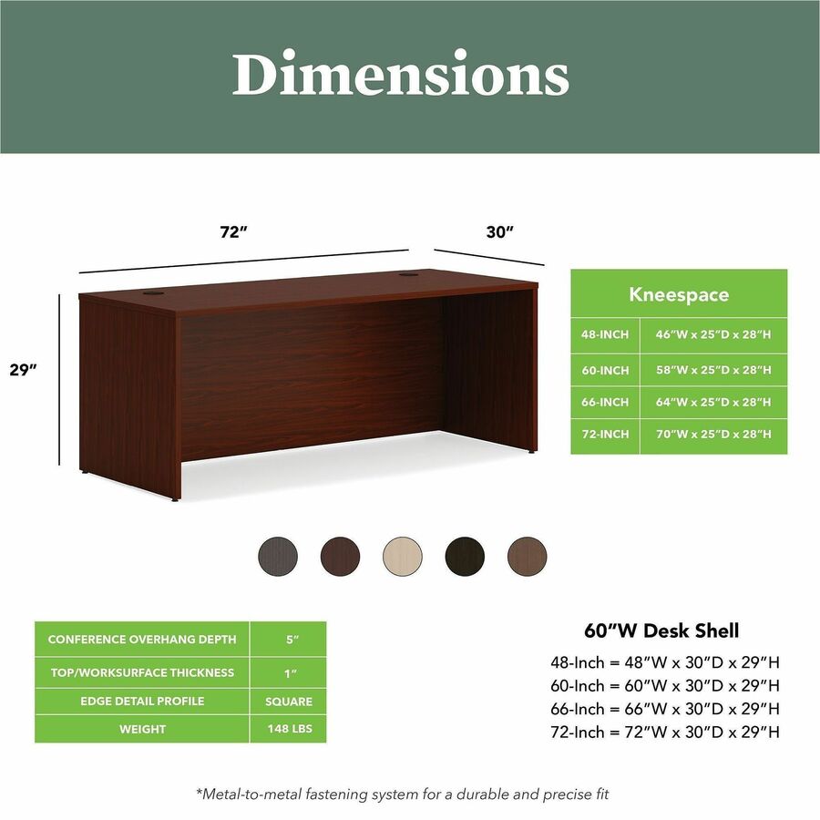 HON Mod HLPLDS7230 Desk Shell, Traditional Mahogany Finish, 29" H x 72" W x 30" D, 1 Each