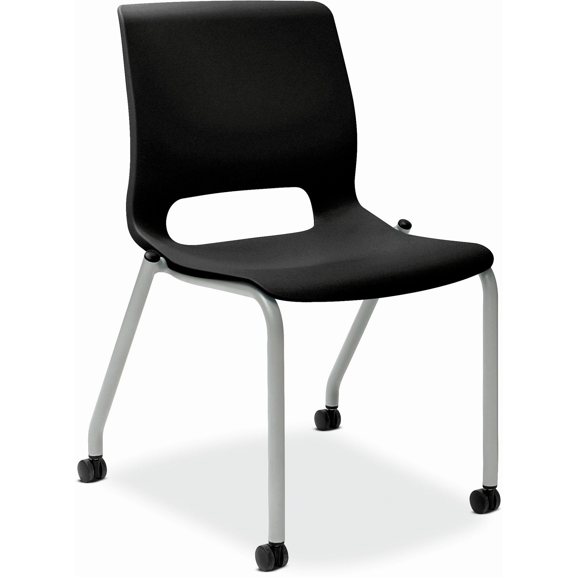 HON Motivate Chair, Onyx Plastic Seat and Back, Platinum Metallic Reinforced Resin Frame, Black Back, Stackable, No Arms, Dual-Wheeled Casters, 2 Chairs per Carton