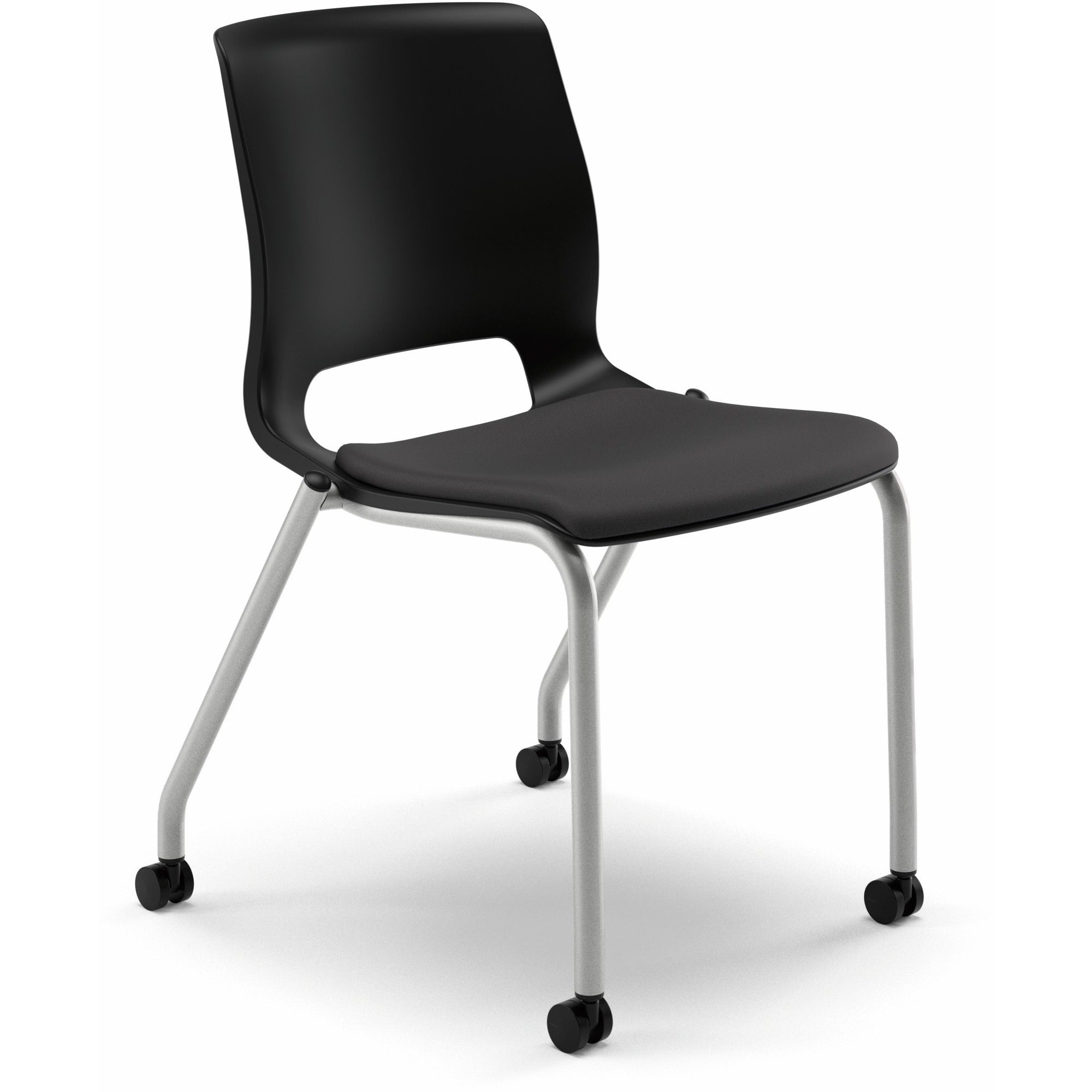 HON Motivate Chair, Black Fabric Seat, Black Plastic Back, Platinum Metallic Reinforced Resin Frame, Onyx/Black, No Arms, Casters, Stackable, 2 Chairs per Carton