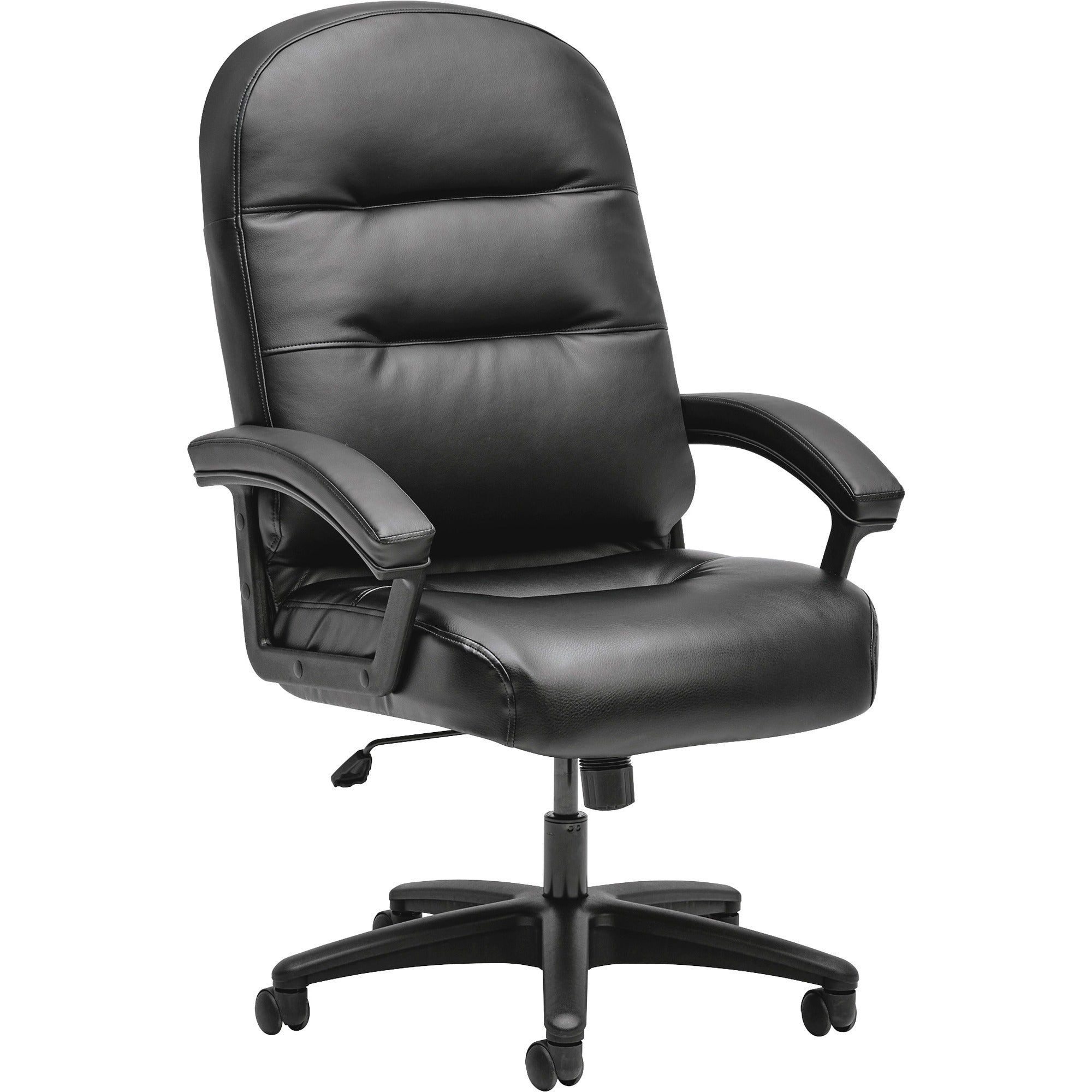 HON Pillow-Soft Executive High-Back Chair, Bonded Leather, Black, 5-Star Base, Armrest, 1 Each