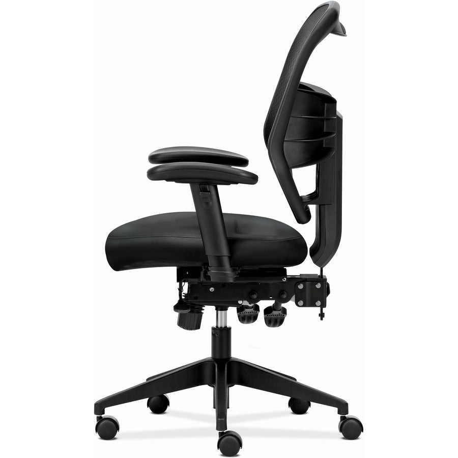 HON Prominent High-Back Task Chair, Black Bonded Leather Seat, Black Mesh Back, Adjustable Arms, 5-Star Base, 1 Each