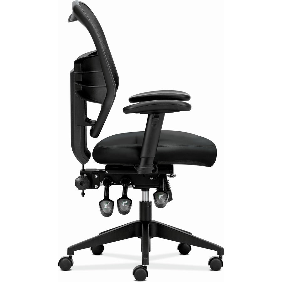 HON Prominent High-Back Task Chair, Black Bonded Leather Seat, Black Mesh Back, Adjustable Arms, 5-Star Base, 1 Each