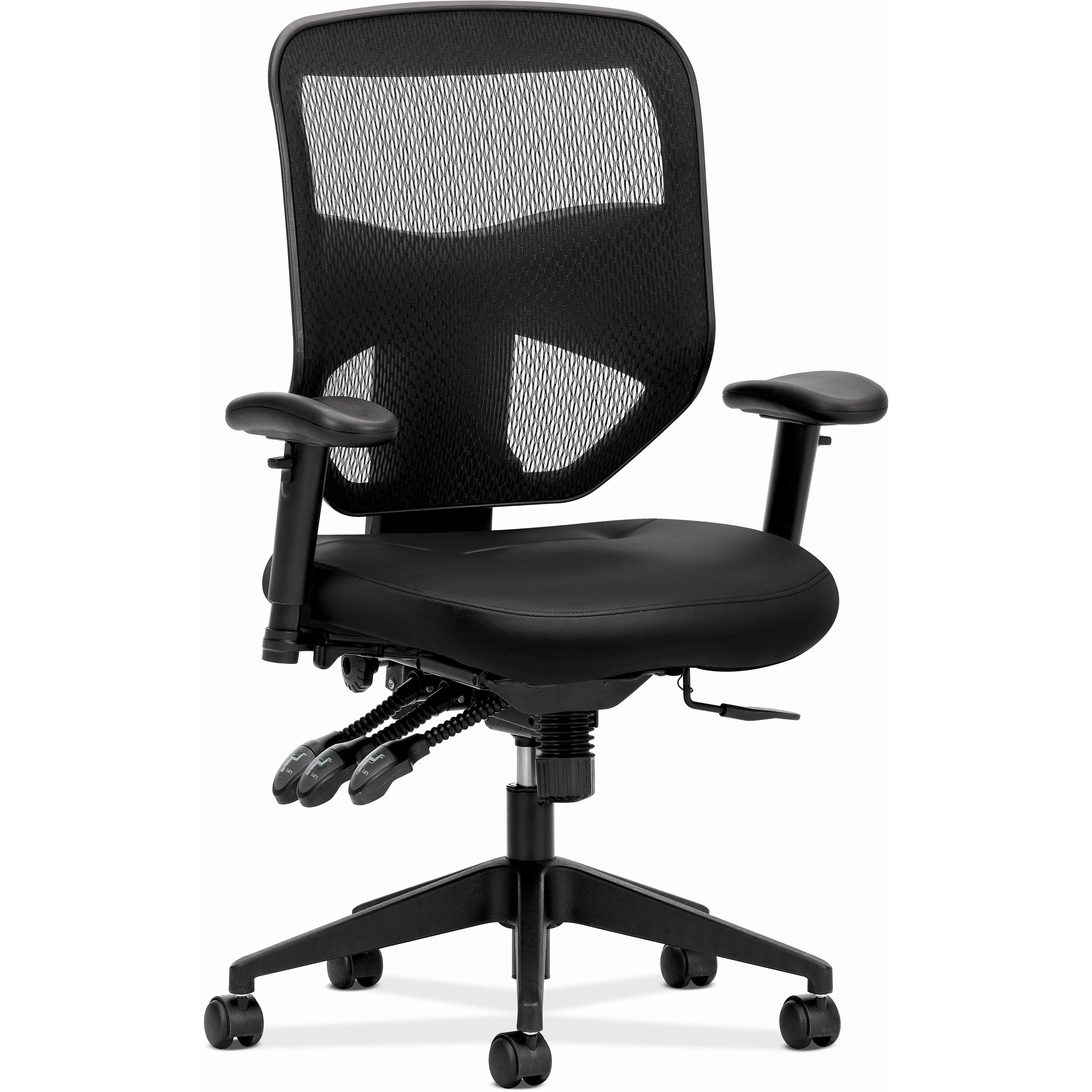 HON Prominent High-Back Task Chair, Black Bonded Leather Seat, Black Mesh Back, Adjustable Arms, 5-Star Base, 1 Each