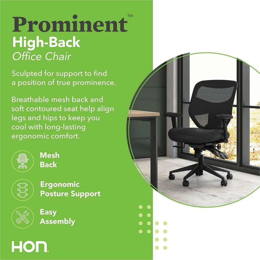 HON Prominent High-Back Task Chair, Mesh Back, Polyester Seat, Adjustable Arms, 5-Star Base, Black, 1 Each