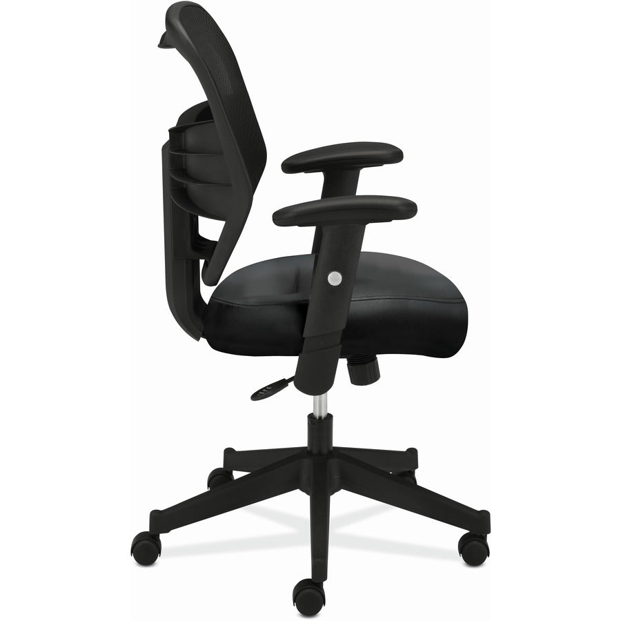 HON Prominent High-Back Task Chair, Black Bonded Leather Seat, Mesh Back, Adjustable Arms, 5-Star Base, 1 Each