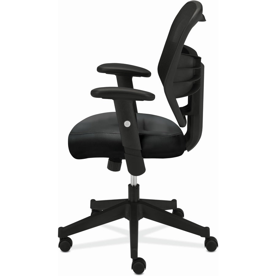 HON Prominent High-Back Task Chair, Black Bonded Leather Seat, Mesh Back, Adjustable Arms, 5-Star Base, 1 Each