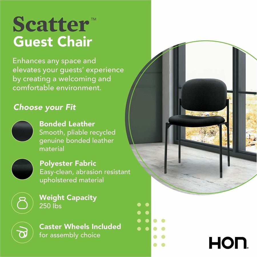HON Scatter Chair, Black Bonded Leather Seat and Back, Steel Frame, Armless, Stackable, 1 Each