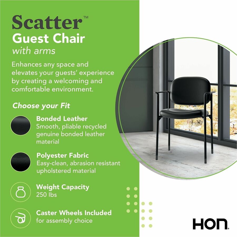 HON Scatter Chair, Black Bonded Leather Seat and Back, Steel Frame, Armrests, Stackable, 1 Each
