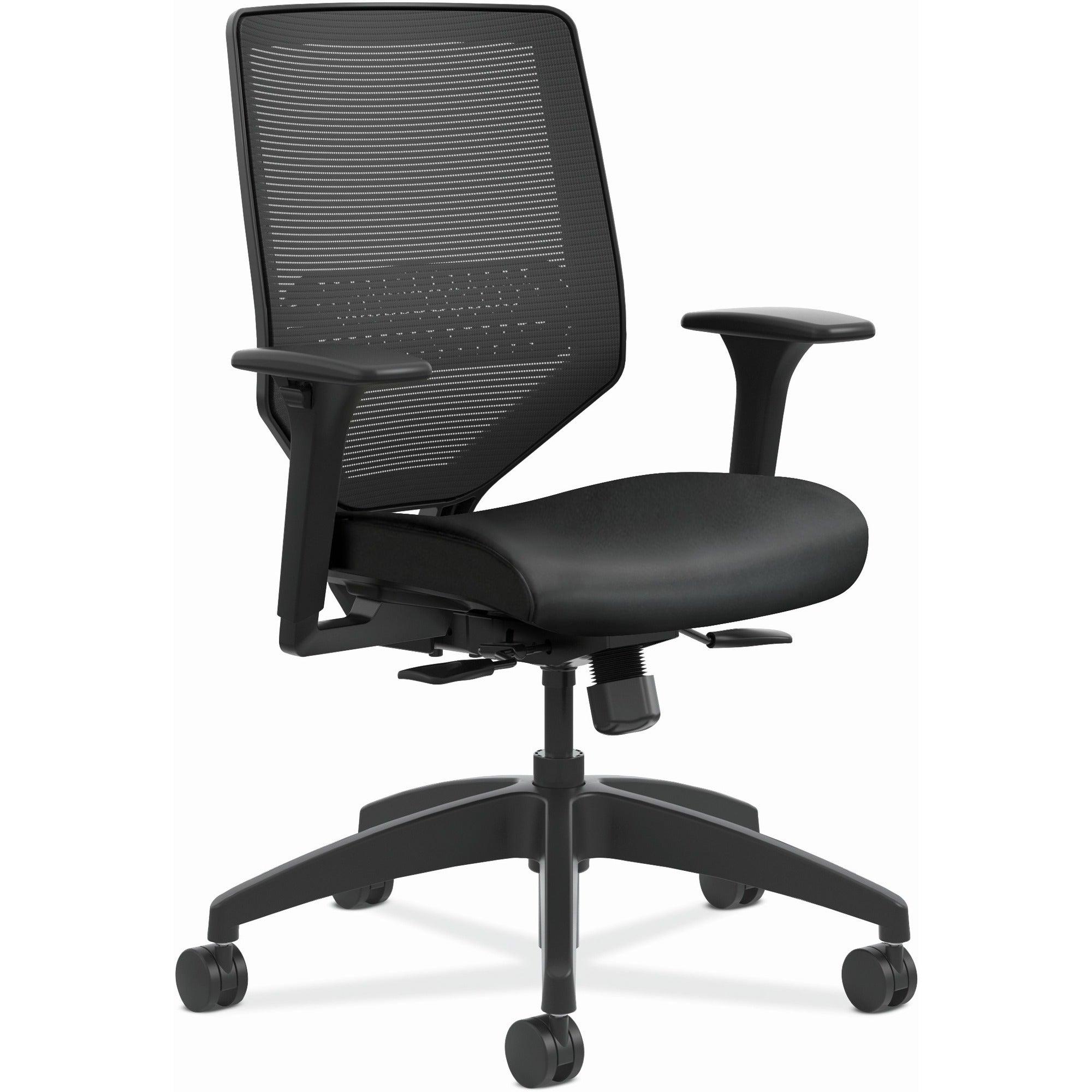 HON Solve Mid-Back Task Chair, Vinyl Seat, Mesh Back, Adjustable Arms, Black Frame, Black Color, 1 Each