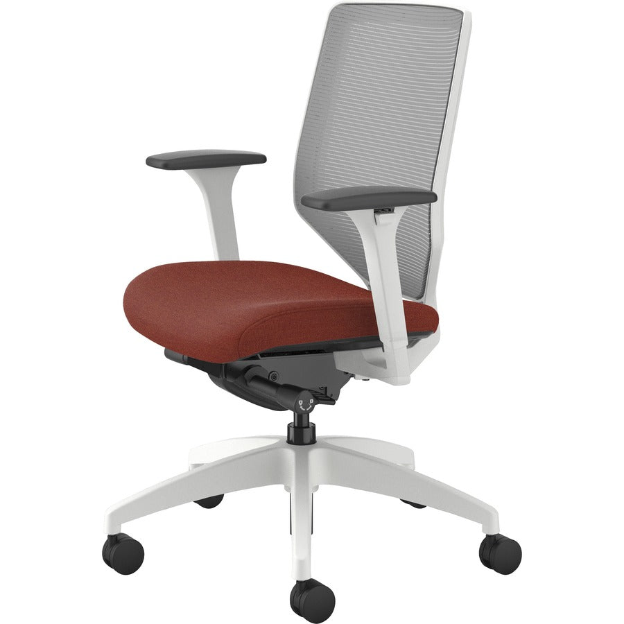 HON Solve Mid-Back Chair, Bittersweet Fabric Seat, Fog Mesh Back, Designer White Frame, Adjustable Arms, 1 Each