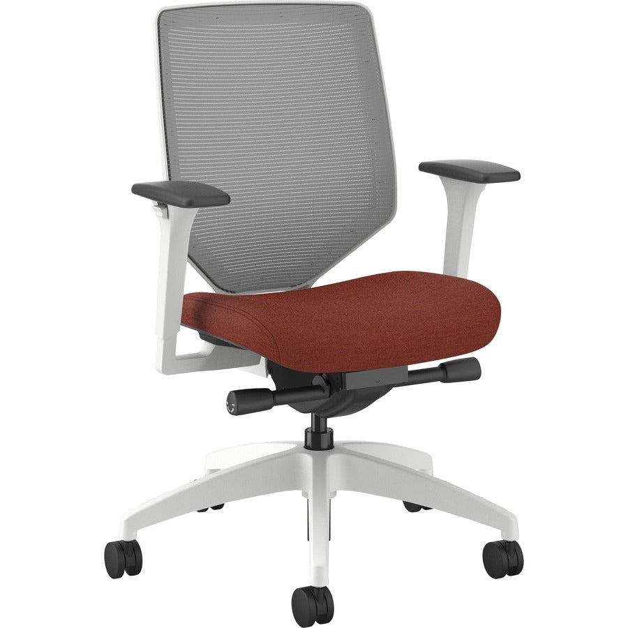 HON Solve Mid-Back Chair, Bittersweet Fabric Seat, Fog Mesh Back, Designer White Frame, Adjustable Arms, 1 Each