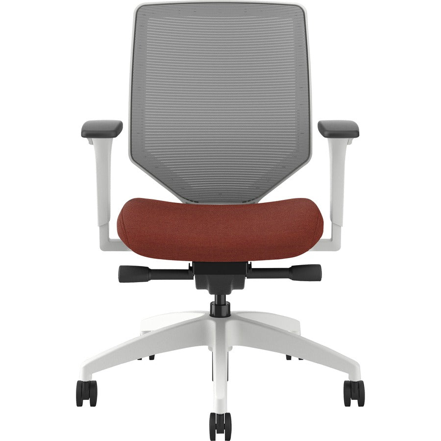 HON Solve Mid-Back Chair, Bittersweet Fabric Seat, Fog Mesh Back, Designer White Frame, Adjustable Arms, 1 Each