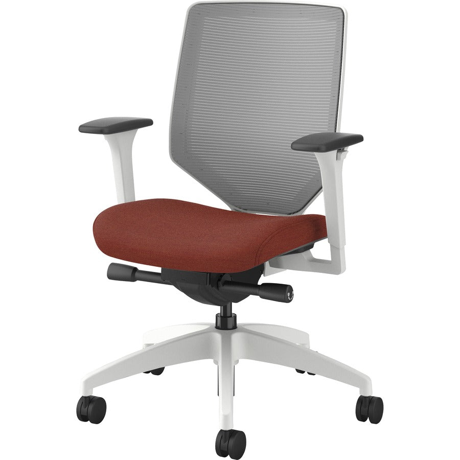 HON Solve Mid-Back Chair, Bittersweet Fabric Seat, Fog Mesh Back, Designer White Frame, Adjustable Arms, 1 Each