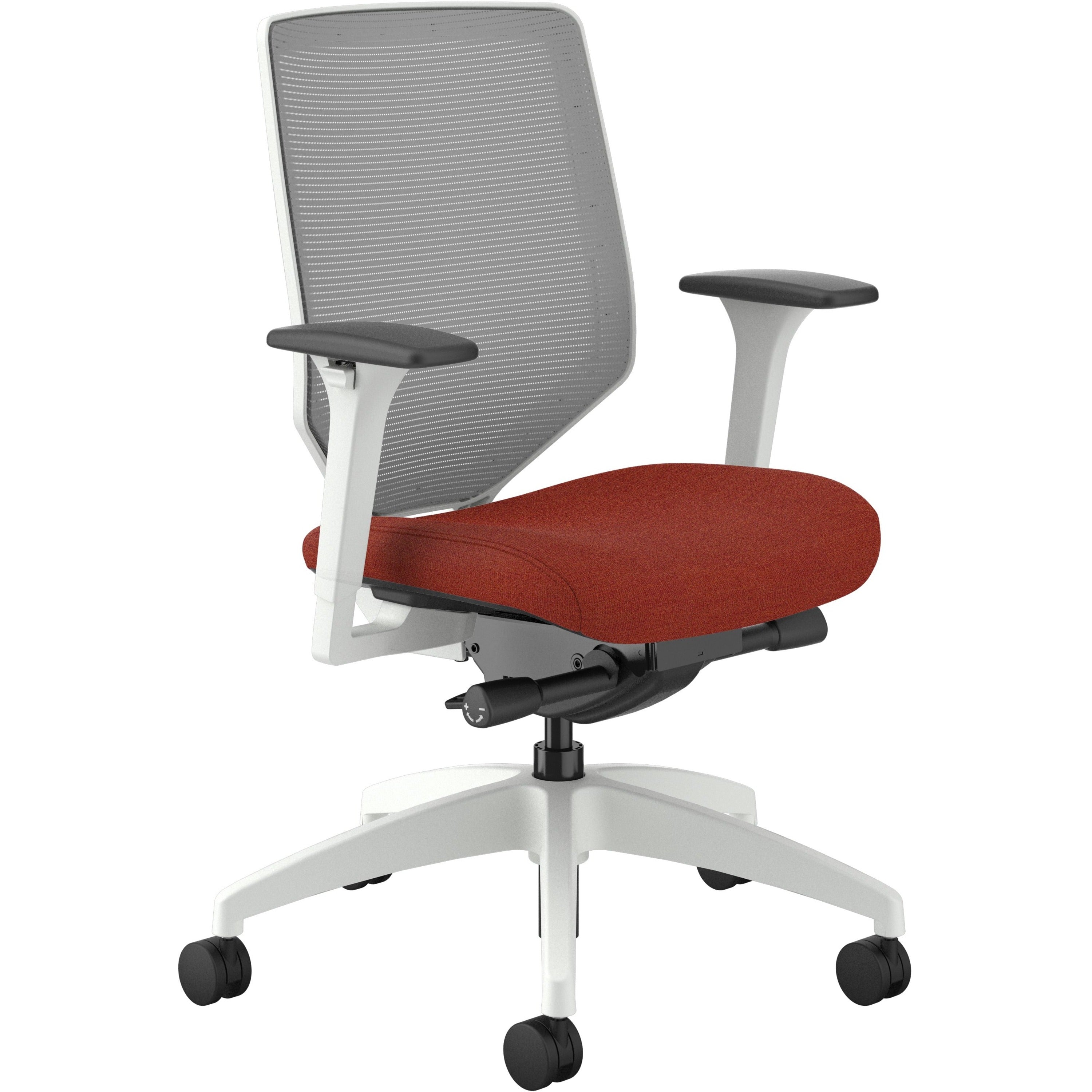 HON Solve Mid-Back Chair, Bittersweet Fabric Seat, Fog Mesh Back, Designer White Frame, Adjustable Arms, 1 Each