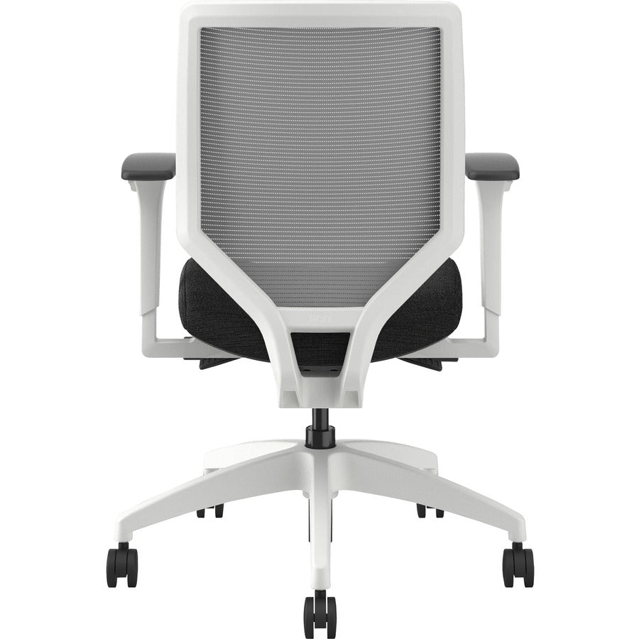 HON Solve Chair, Mid Back, Black Fabric Seat, Fog Mesh Back, Designer White Frame, Adjustable Arms, 1 Each