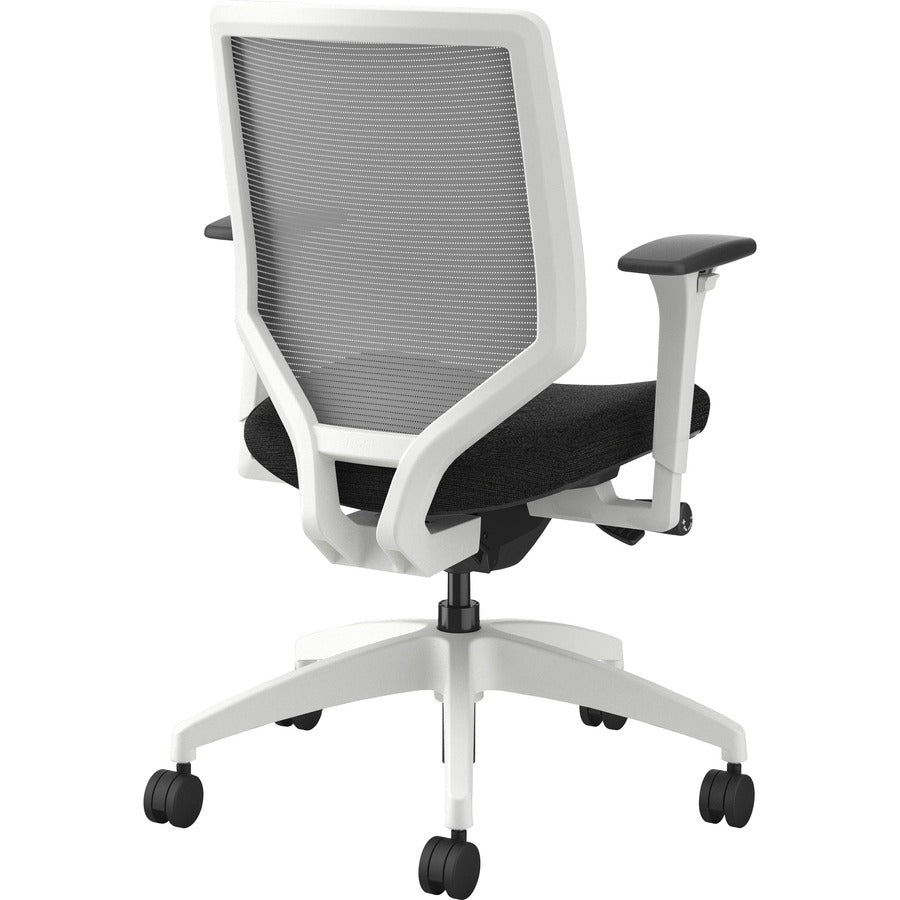 HON Solve Chair, Mid Back, Black Fabric Seat, Fog Mesh Back, Designer White Frame, Adjustable Arms, 1 Each