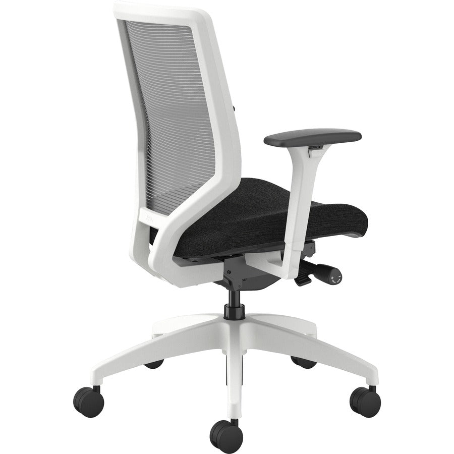 HON Solve Chair, Mid Back, Black Fabric Seat, Fog Mesh Back, Designer White Frame, Adjustable Arms, 1 Each