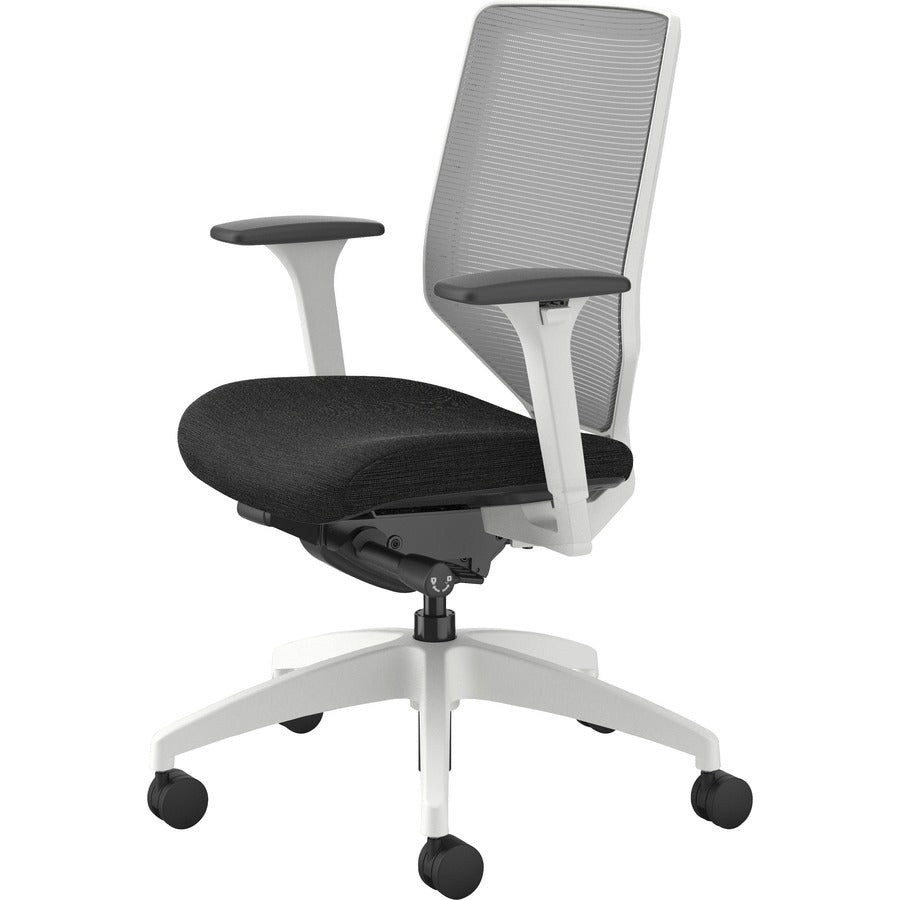 HON Solve Chair, Mid Back, Black Fabric Seat, Fog Mesh Back, Designer White Frame, Adjustable Arms, 1 Each