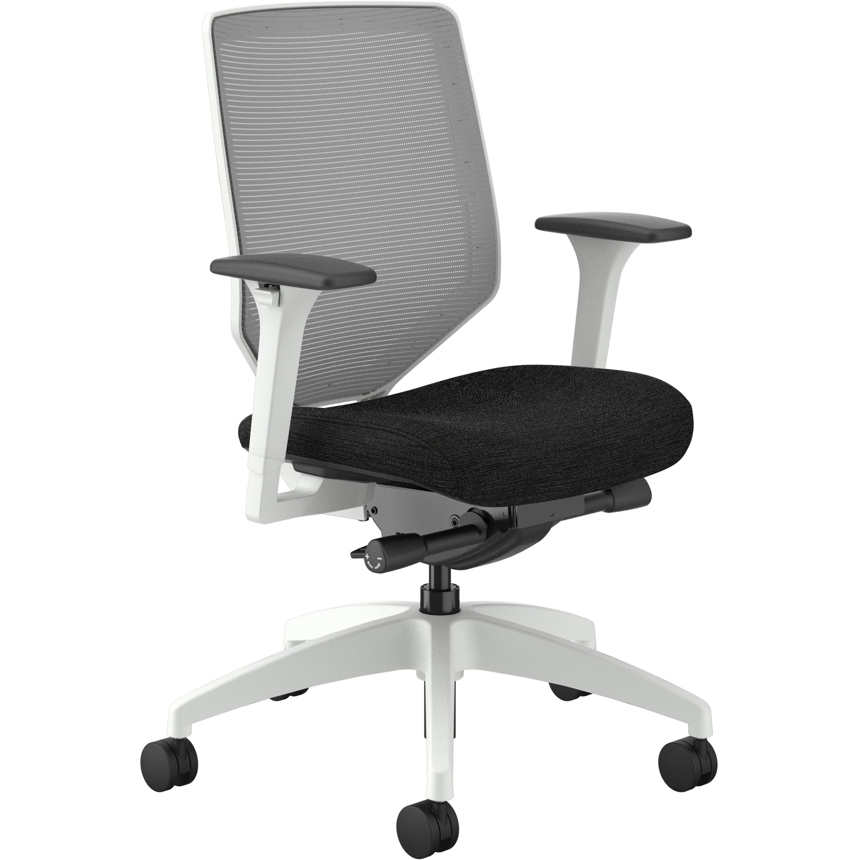 HON Solve Chair, Mid Back, Black Fabric Seat, Fog Mesh Back, Designer White Frame, Adjustable Arms, 1 Each