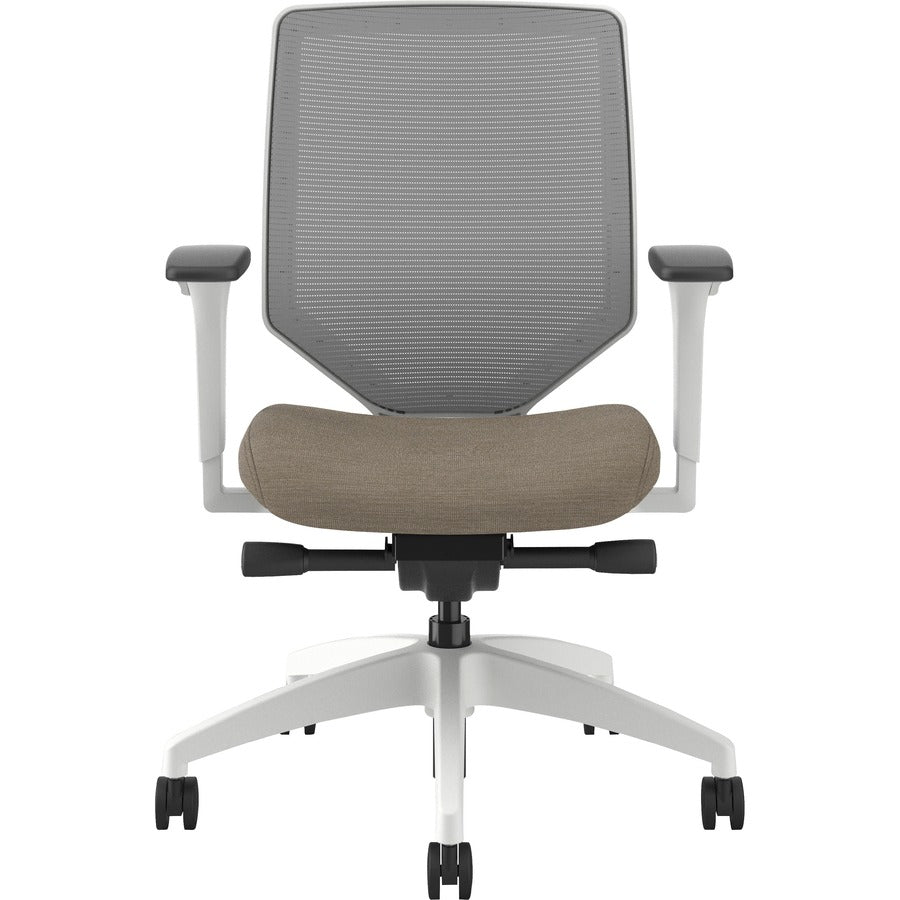 HON Solve Mid-Back Chair, Putty Fabric Seat, Fog Mesh Back, Designer White Frame, Adjustable Arms, 1 Each