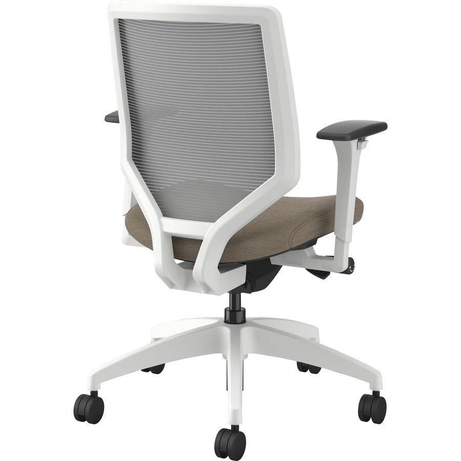 HON Solve Mid-Back Chair, Putty Fabric Seat, Fog Mesh Back, Designer White Frame, Adjustable Arms, 1 Each