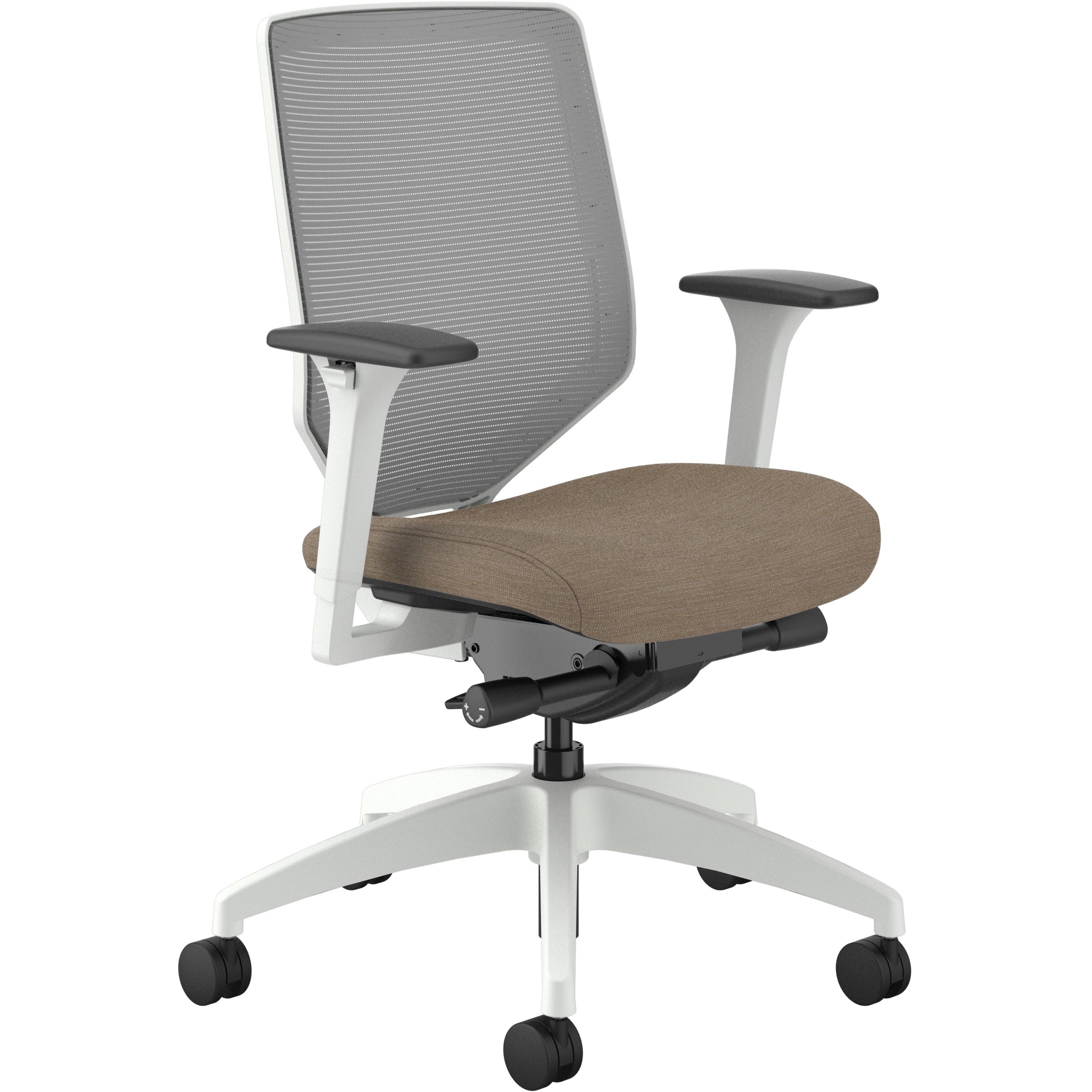 HON Solve Mid-Back Chair, Putty Fabric Seat, Fog Mesh Back, Designer White Frame, Adjustable Arms, 1 Each