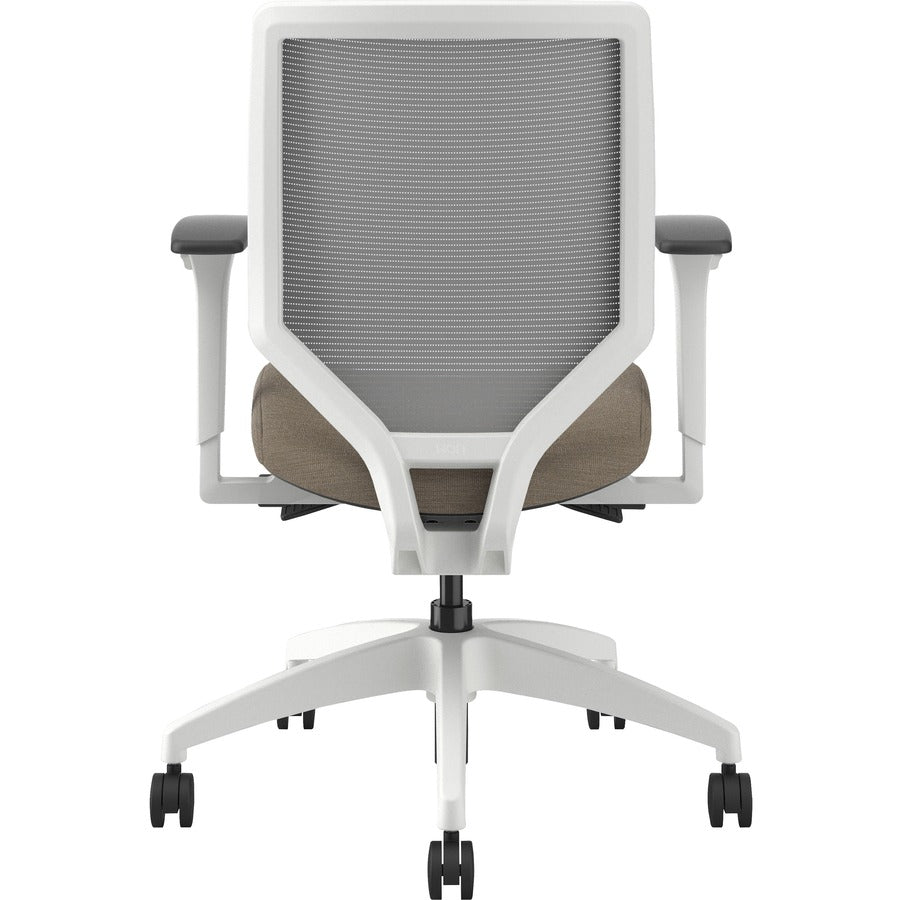 HON Solve Mid-Back Chair, Putty Fabric Seat, Fog Mesh Back, Designer White Frame, Adjustable Arms, 1 Each
