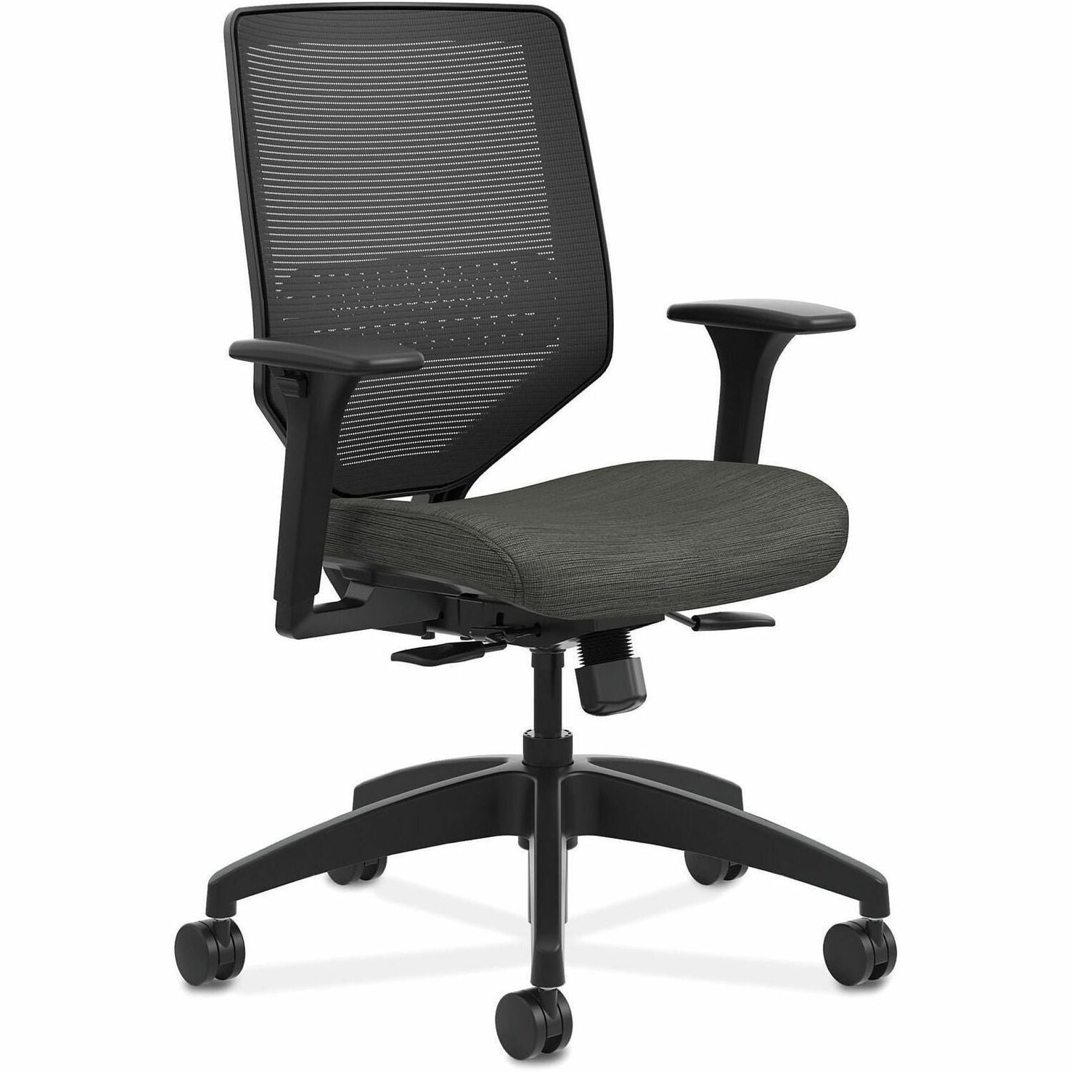 HON Solve Chair, Mid Back, Fabric Seat, Mesh Back, Black Frame, Adjustable Arms, Ink Color, 1 Each