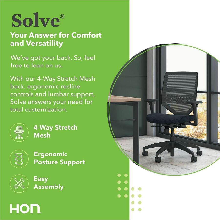 HON Solve Chair, Mid Back, Fabric Seat, Mesh Back, Black Frame, Adjustable Arms, Ink Color, 1 Each