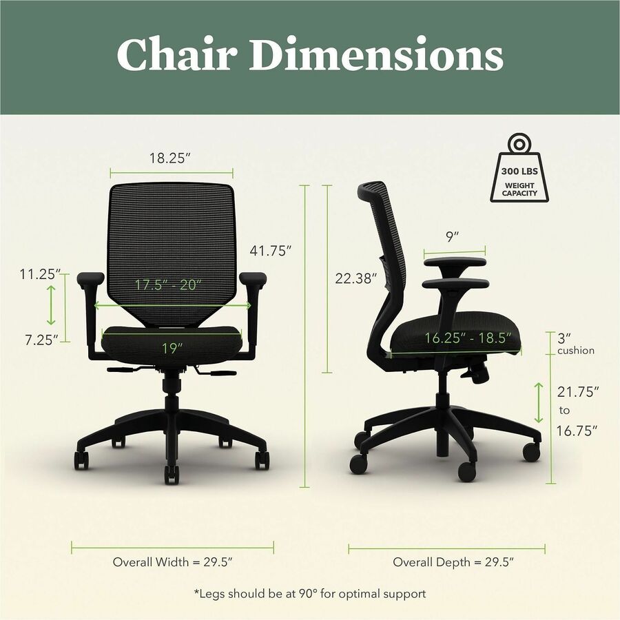 HON Solve Chair, Mid Back, Fabric Seat, Mesh Back, Black Frame, Adjustable Arms, Ink Color, 1 Each