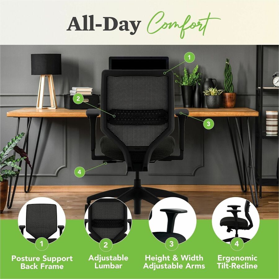 HON Solve Chair, Mid Back, Fabric Seat, Mesh Back, Black Frame, Adjustable Arms, Ink Color, 1 Each