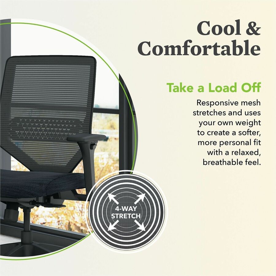 HON Solve Chair, Mid Back, Fabric Seat, Mesh Back, Black Frame, Adjustable Arms, Ink Color, 1 Each