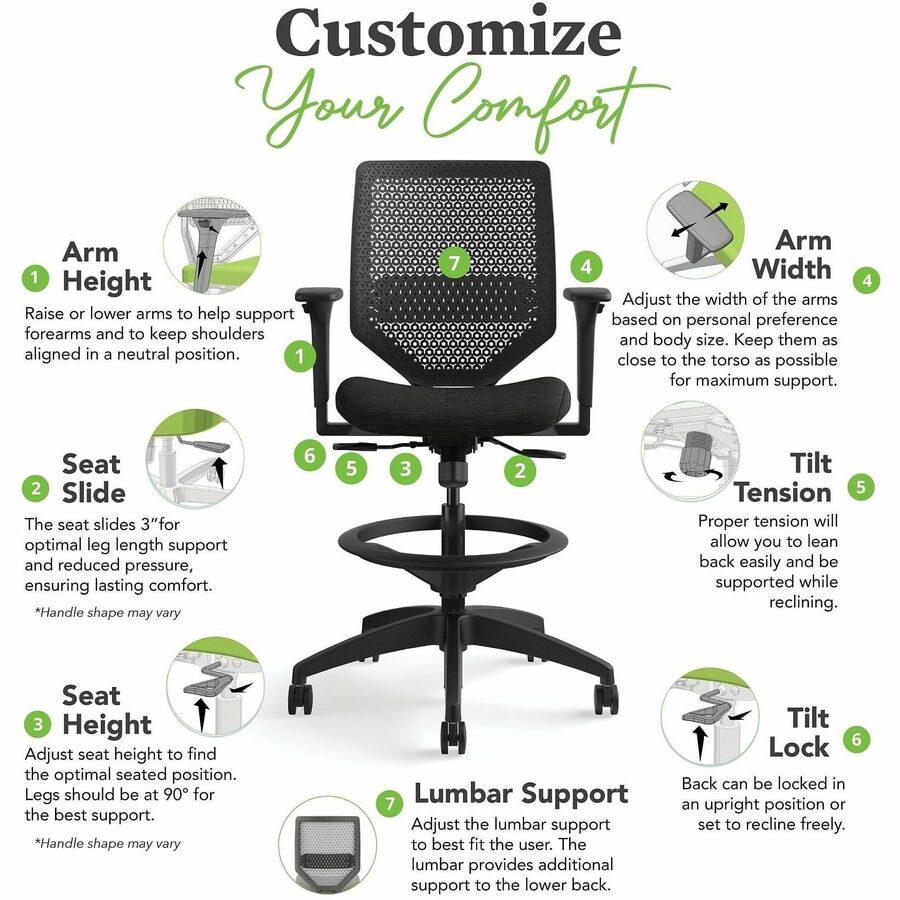 HON Solve Sitting Stool - Fabric Seat Material - Charcoal Back Color - Mesh Back Material - Black Frame Color - Mid Back - 5-star Base - Ink - 1 Each