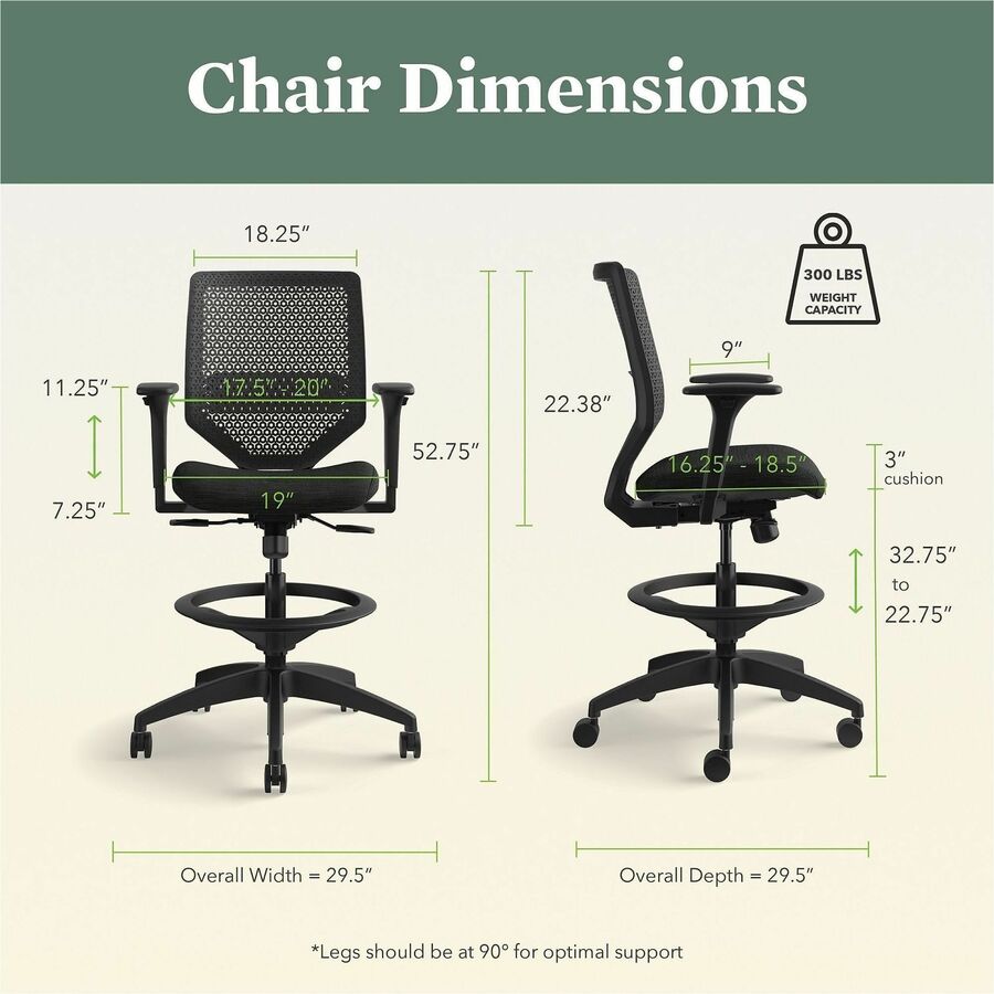 HON Solve Sitting Stool - Fabric Seat Material - Charcoal Back Color - Mesh Back Material - Black Frame Color - Mid Back - 5-star Base - Ink - 1 Each