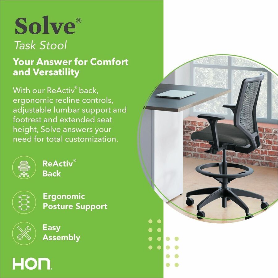 HON Solve Sitting Stool - Fabric Seat Material - Charcoal Back Color - Mesh Back Material - Black Frame Color - Mid Back - 5-star Base - Ink - 1 Each