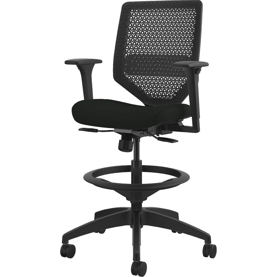 HON Solve Sitting Stool - Black Seat Color - Vinyl Seat Material - Charcoal Back Color - Mesh Back Material - Black Frame Color - Mid Back - 5-star Base - Black - 1 Each