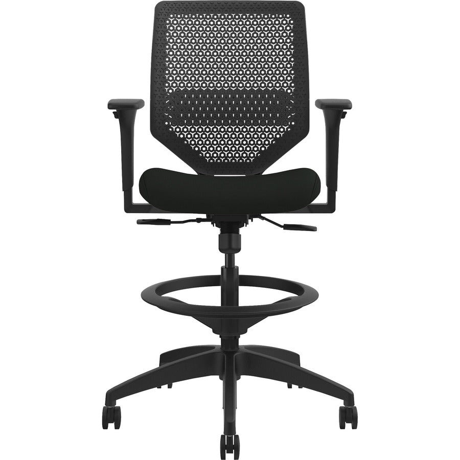 HON Solve Sitting Stool - Black Seat Color - Vinyl Seat Material - Charcoal Back Color - Mesh Back Material - Black Frame Color - Mid Back - 5-star Base - Black - 1 Each