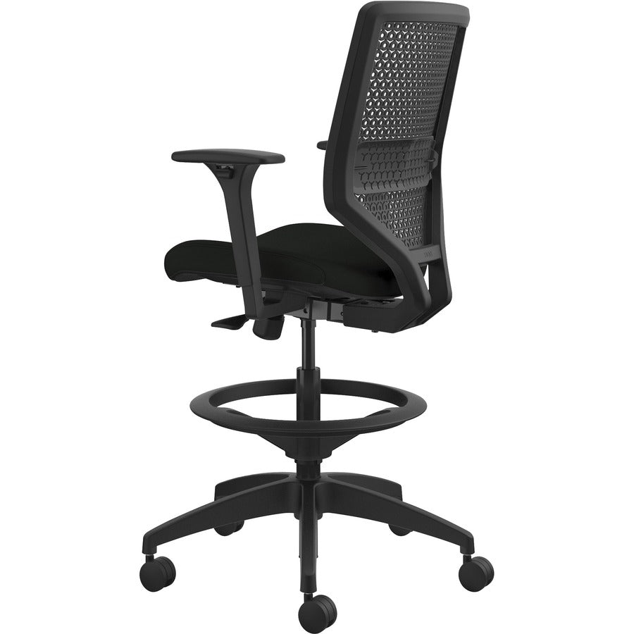 HON Solve Sitting Stool - Black Seat Color - Vinyl Seat Material - Charcoal Back Color - Mesh Back Material - Black Frame Color - Mid Back - 5-star Base - Black - 1 Each