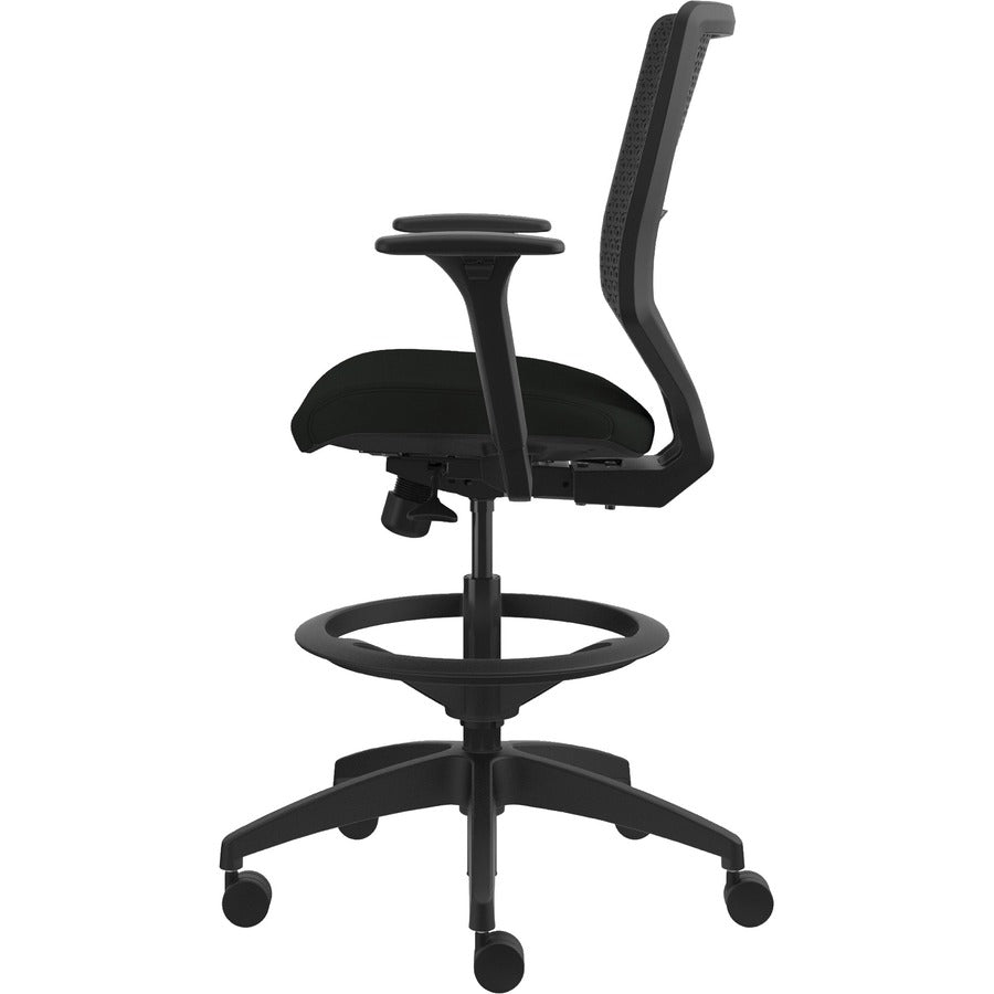 HON Solve Sitting Stool - Black Seat Color - Vinyl Seat Material - Charcoal Back Color - Mesh Back Material - Black Frame Color - Mid Back - 5-star Base - Black - 1 Each