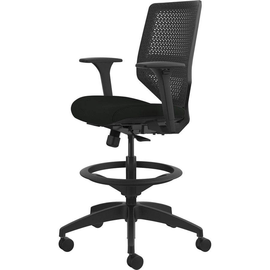 HON Solve Sitting Stool - Black Seat Color - Vinyl Seat Material - Charcoal Back Color - Mesh Back Material - Black Frame Color - Mid Back - 5-star Base - Black - 1 Each
