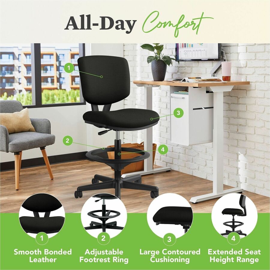 HON Volt Sitting Stool - Black Seat Color - Bonded Leather Seat Material - Black Back Color - Bonded Leather Back Material - Black Frame Color - Black - 1 Each