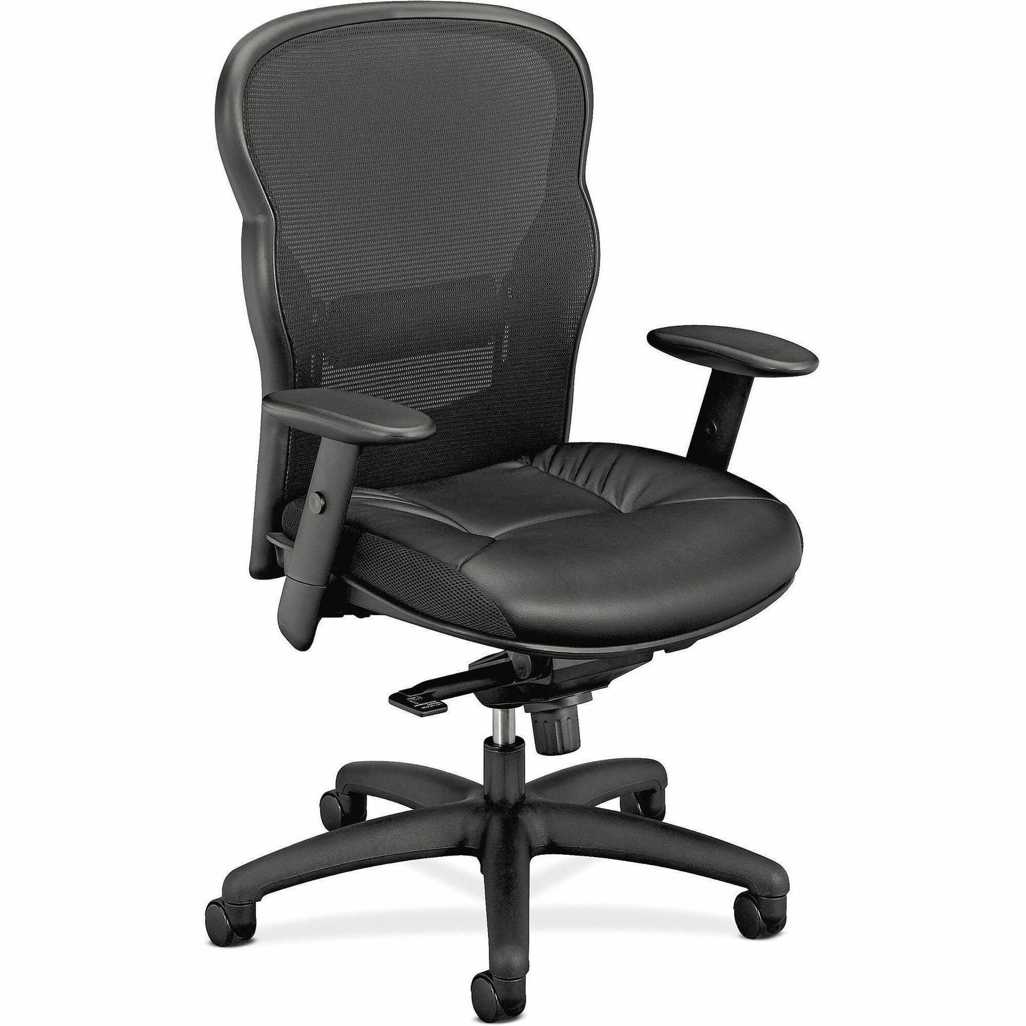 HON Wave Chair - Black Seat Color - Bonded Leather Seat Material - Black Back Color - Bonded Leather, Mesh Back Material - Black Frame Color - Reinforced Resin Frame Material - High Back - 5-star Base - Black - 1 Each