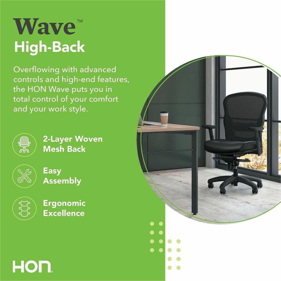 HON Wave Chair - Black Seat Color - Bonded Leather Seat Material - Black Back Color - Bonded Leather, Mesh Back Material - Black Frame Color - Reinforced Resin Frame Material - High Back - 5-star Base - Black - 1 Each