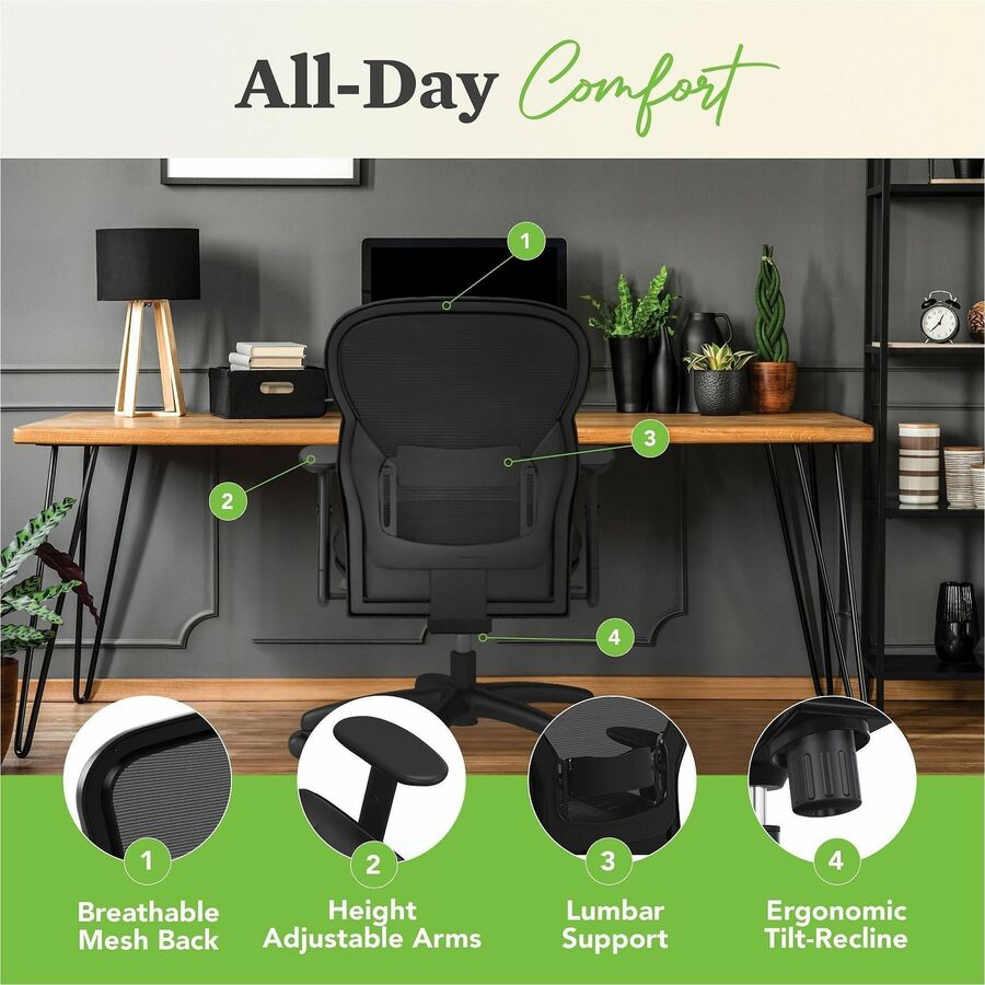 HON Wave Chair - Black Seat Color - Bonded Leather Seat Material - Black Back Color - Bonded Leather, Mesh Back Material - Black Frame Color - Reinforced Resin Frame Material - High Back - 5-star Base - Black - 1 Each
