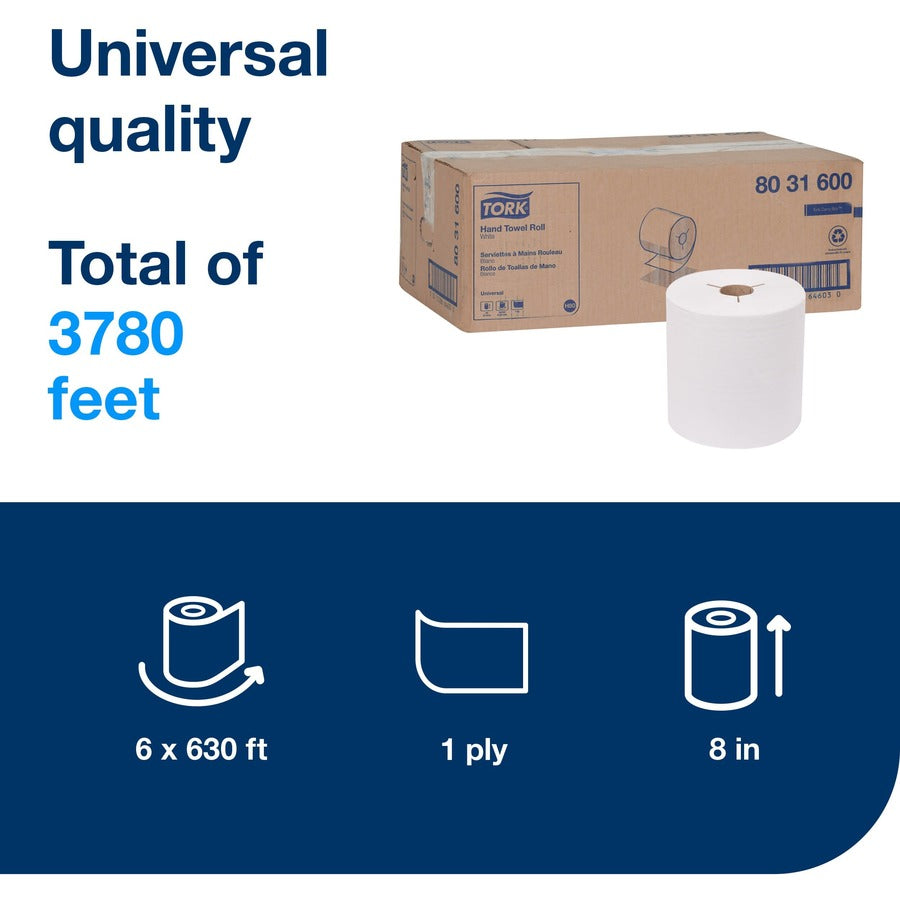 TORK Hand Towel Roll White H80 - 1 Ply - Multifold - 7.80" Roll Diameter - 1 15/16" Core - White - Fiber, Paper - 6 Roll