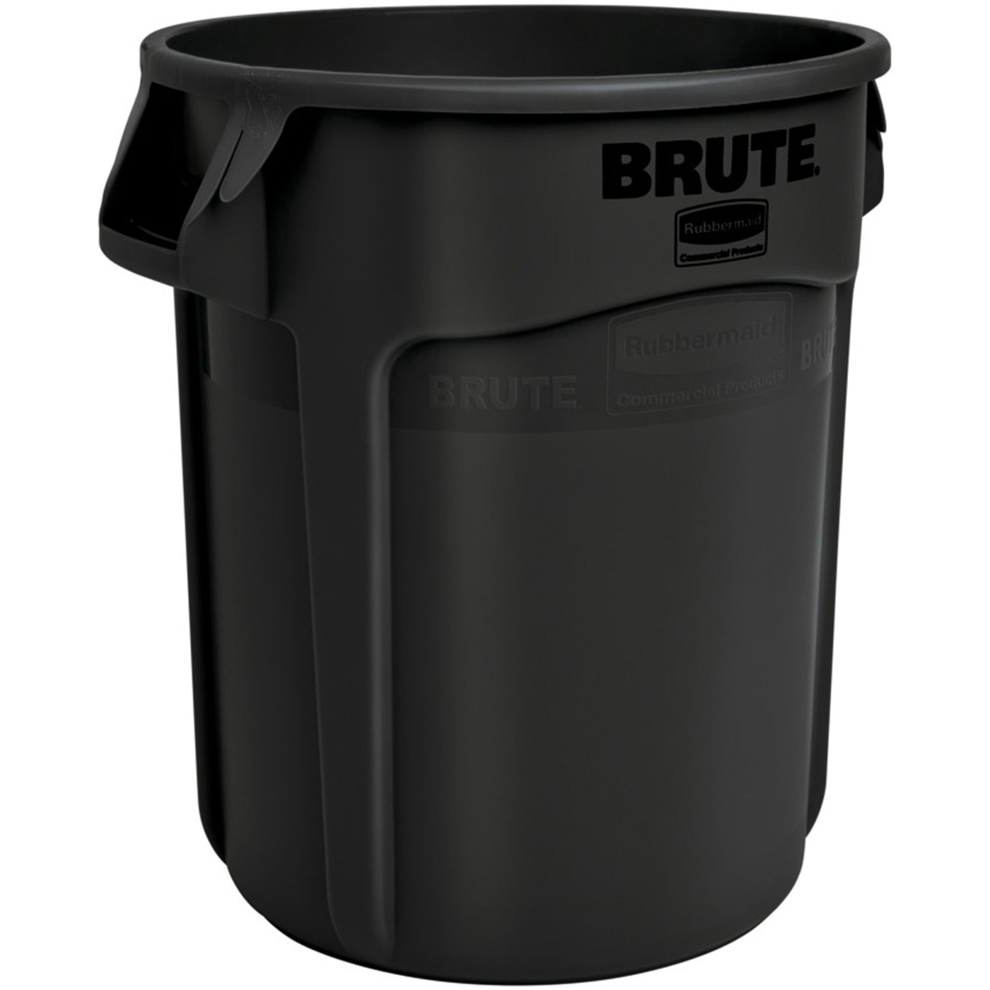 Rubbermaid Commercial Brute 55-Gallon Black Round Resin Container, UV, Crack, Crush, Warp, Fade, Tear, and Rust Resistant, Reinforced Base, Vented, Stackable, 33" Height x 26.4" Diameter, 1 Each