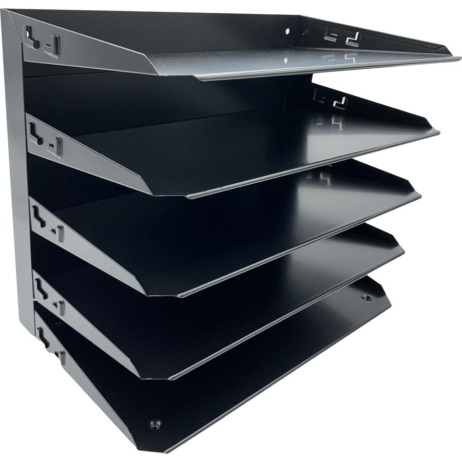 Huron Horizontal Slots Desk Organizer - 5 Compartment(s) - Horizontal - 15" Height x 15" Width x 8.75" Depth - Durable, Label Holder - Black - Steel - 1 Each
