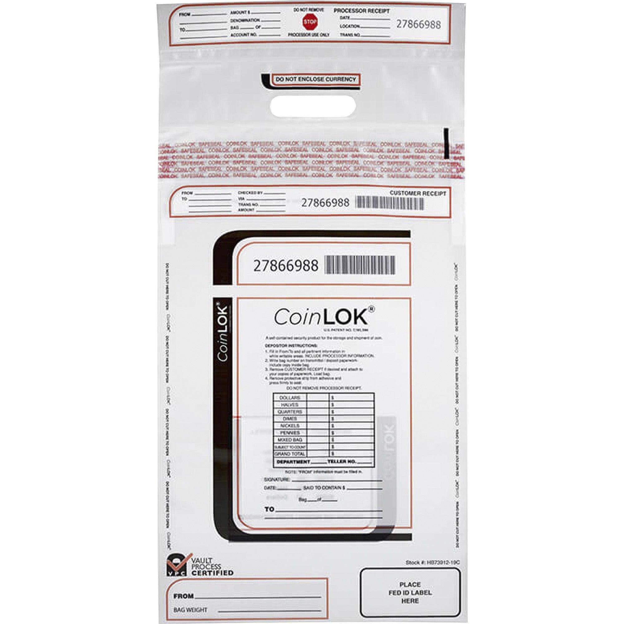 ControlTek CoinLOK Plastic Coin Bags - 25" Length x 12" Width - Clear - Plastic - Coin - 50 / Pack