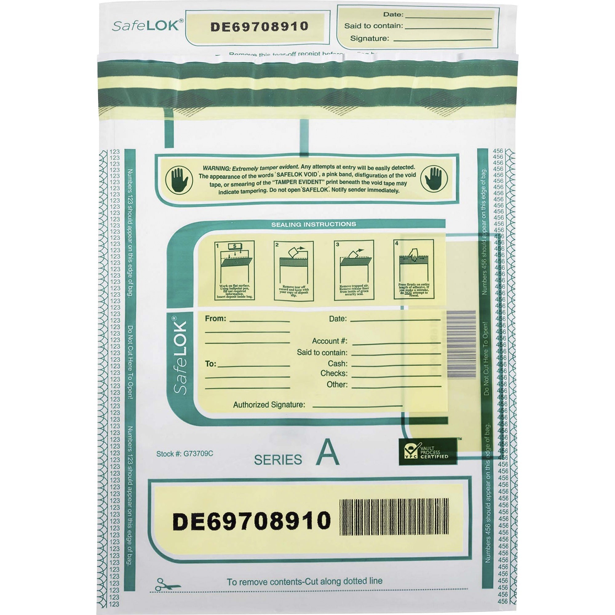ControlTek SafeLOK Tamper-Evident Deposit Bags - 12" Length x 9" Width - Seal Closure - Clear - Deposit, Cash, Note, Bill - 100 / Pack